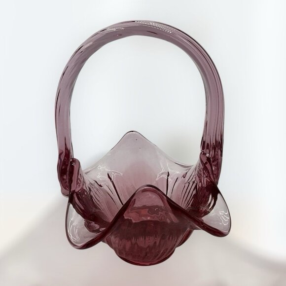 Footed Vintage Fenton Plum Art Glass Basket with Applied Handle 6" Tall Marked - Picture 4 of 16